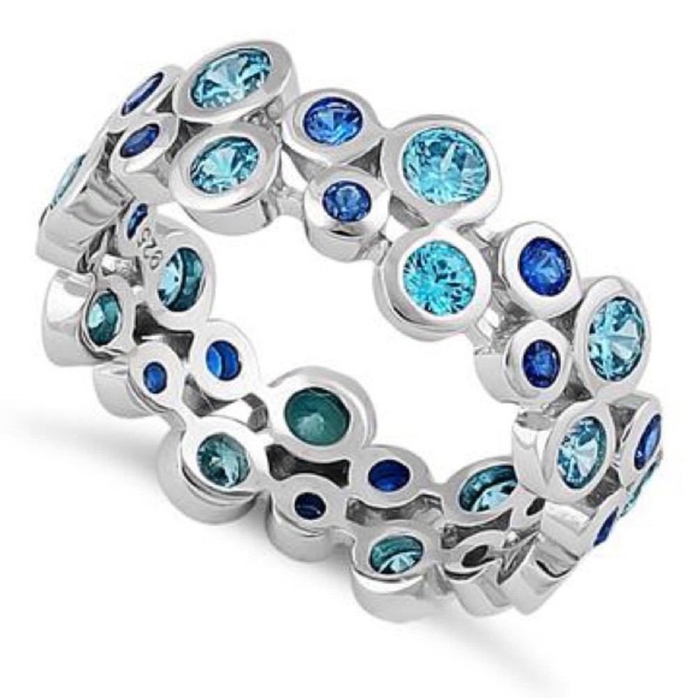 Sterling Silver Eternity Bubbles Blue CZ Ring.